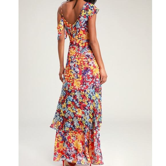 Lulus NWOT Radiant Ruby Red Floral Print Chiffon Asymmetrical Maxi Dress Small - Picture 8 of 11